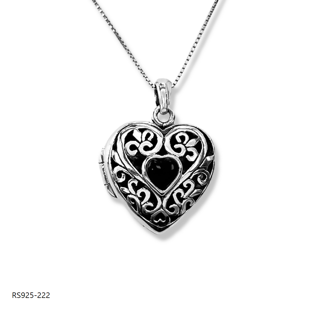 Relicario de corazón negro de Plata, Collar Personalizable, Guardapelo personalizable con foto o mensaje, grabado laser