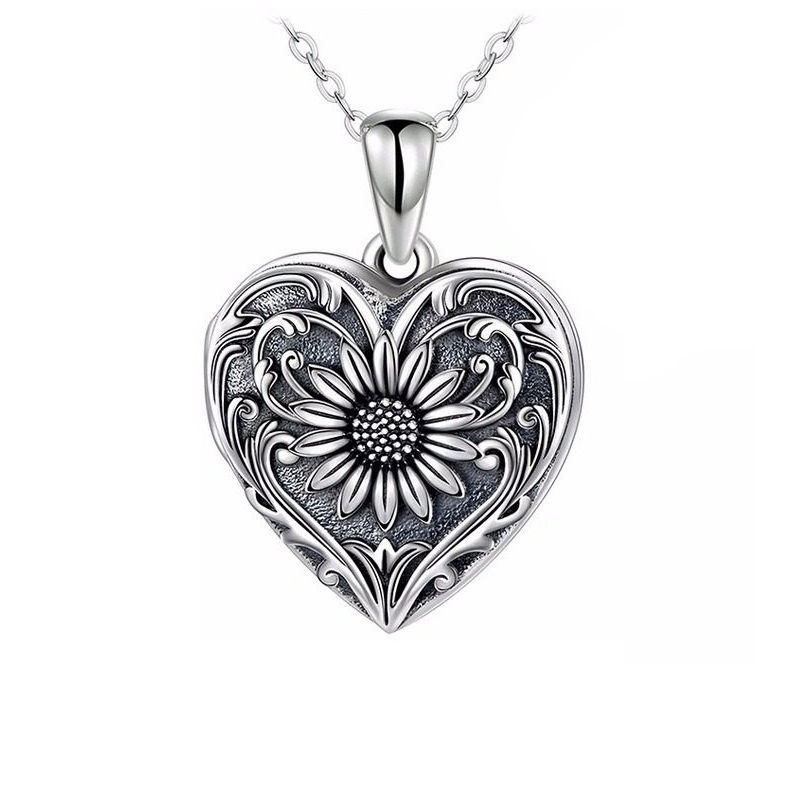 Relicario de corazon de Plata con detalle de girasol, Collar Personalizable, Guardapelo personalizable con foto o mensaje, grabado laser