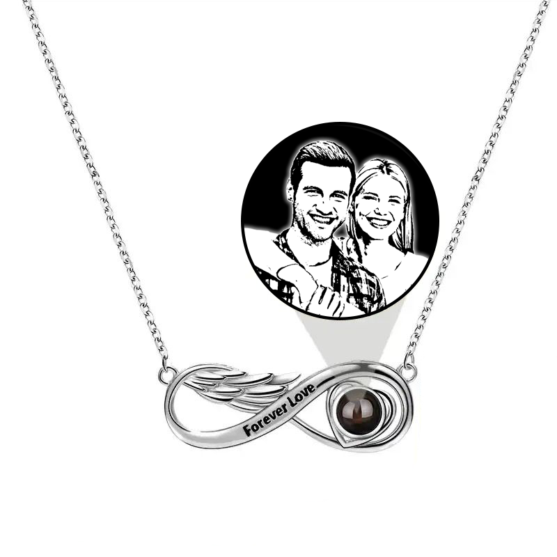 Collar de infinito con ala, de plata 925, personalizable con foto o texto, Collar con mensaje oculto.