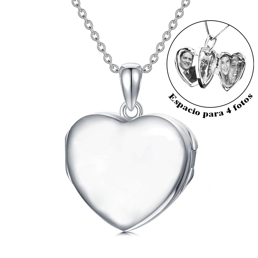 Relicario de Corazón de Plata para 4 fotos, Collar Personalizable, Guardapelo personalizable con foto o mensaje, grabado laser