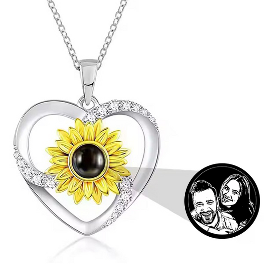 Collar de plata 925 de corazón y girasol personalizable con foto o texto, Collar con mensaje oculto.